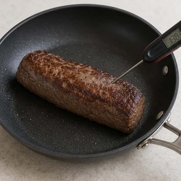 Step 3: Sear the beef in a dry nonstick pan, then cook to at least 145 degrees F (62.8 degrees C) with a 3-minute rest. Do not add butter, oil, salt, or seasoning.