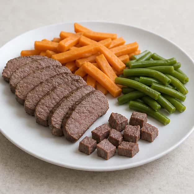 Step 4: After the 3-minute rest, slice the beef thinly across the grain and arrange it with the soft vegetable batons. Cool completely, then cut the selected serving into dog-size bites.