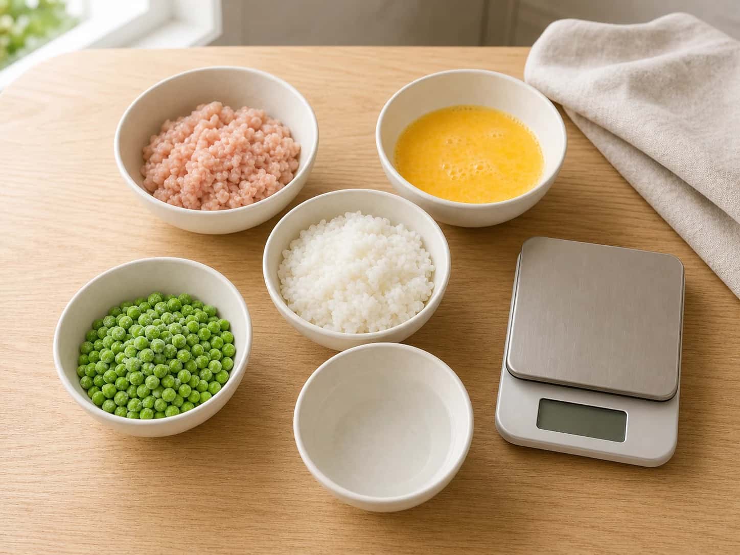 Step 1: Choose the dog-size column and weigh the lean ground chicken, beaten whole egg, plain cooked short-grain rice, frozen green peas, and water into separate bowls. Divide the water roughly in half. Wash your hands, utensils, scale, and work surface immediately after handling raw chicken.