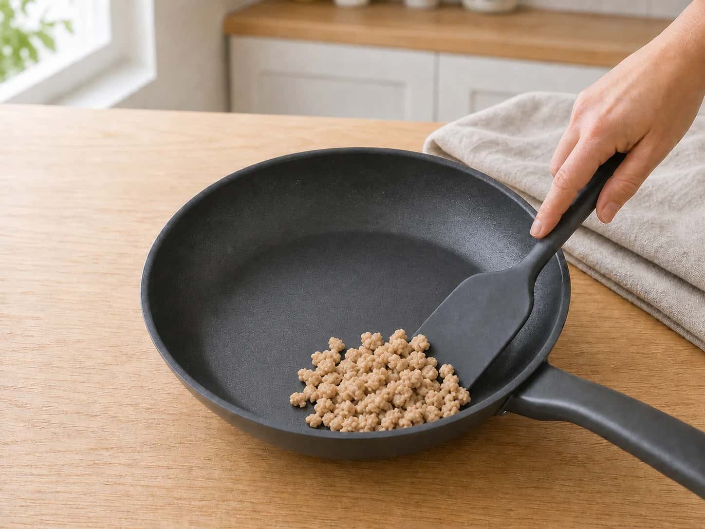Step 2: Put the lean ground chicken and half the water in a small nonstick skillet. Cook over medium-low heat for 5 to 7 minutes while pressing it into fine crumbles. Gather the crumbles briefly to check that the thickest part reaches 165 degrees F (73.9 degrees C); if not, add 5 ml water and cook 1 minute longer before checking again.