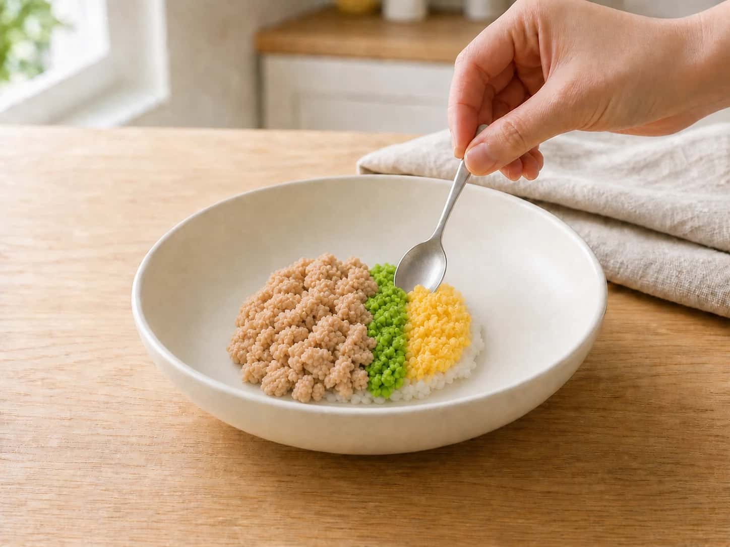 Step 5: Spread the plain cooked short-grain rice in a thin layer in a shallow bowl. Arrange chicken over the left third, egg over the right third, and the crushed green peas in a narrow center line. Cool for about 10 minutes and serve only when the center is no warmer than room temperature.