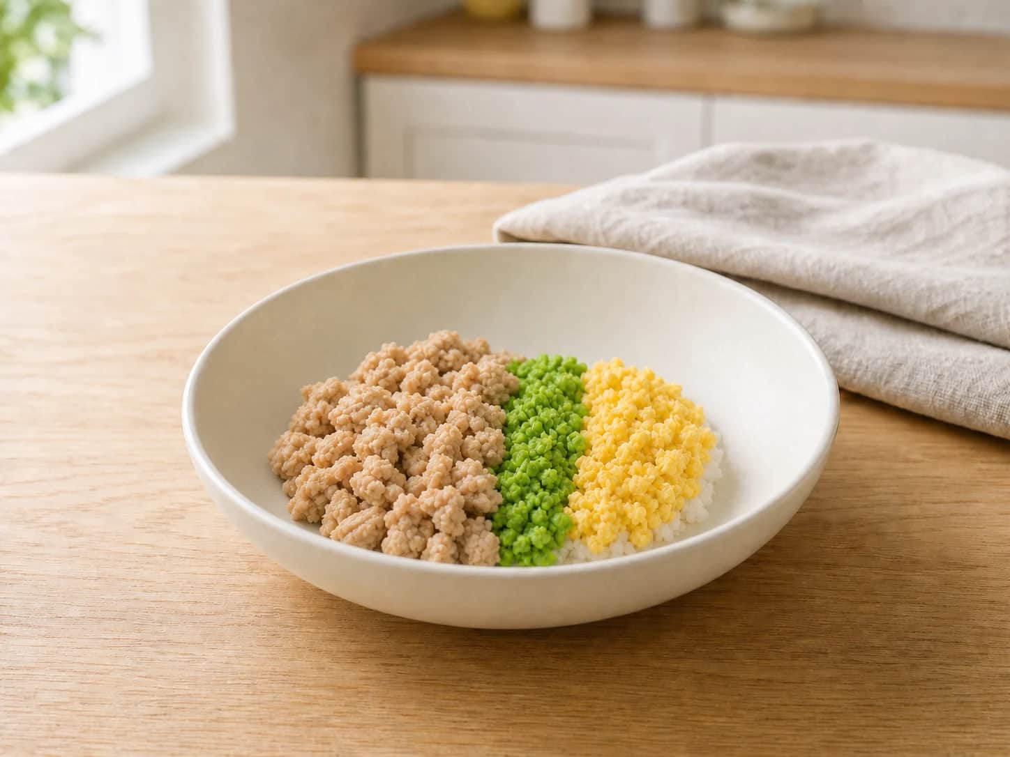 Chicken soboro, cooked egg, and crushed green peas arranged in three color bands over plain rice in a shallow bowl