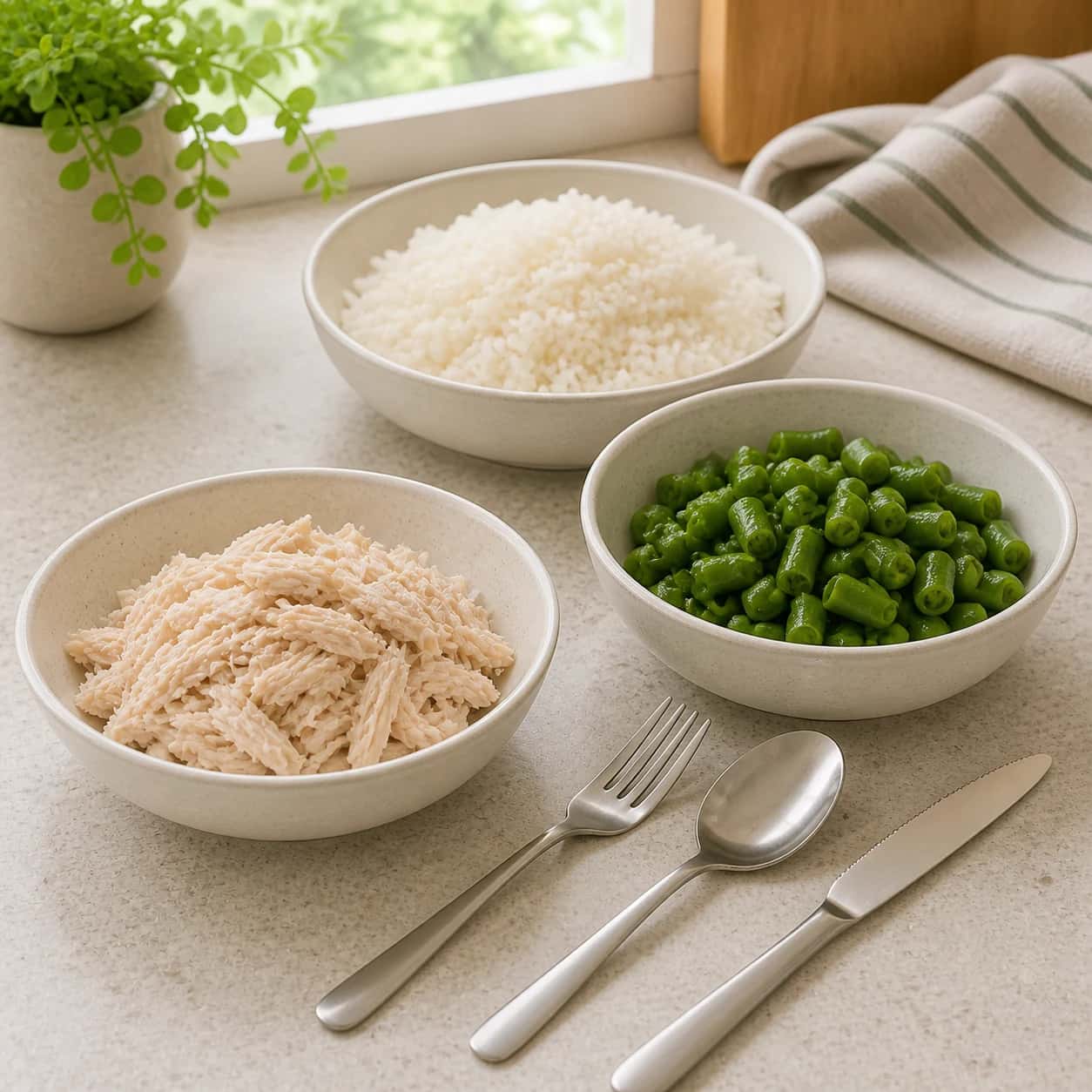 Step 1: Set out one bowl, fork, spoon, and knife. Make sure the turkey, rice, and green beans are fully cooked and cooled.