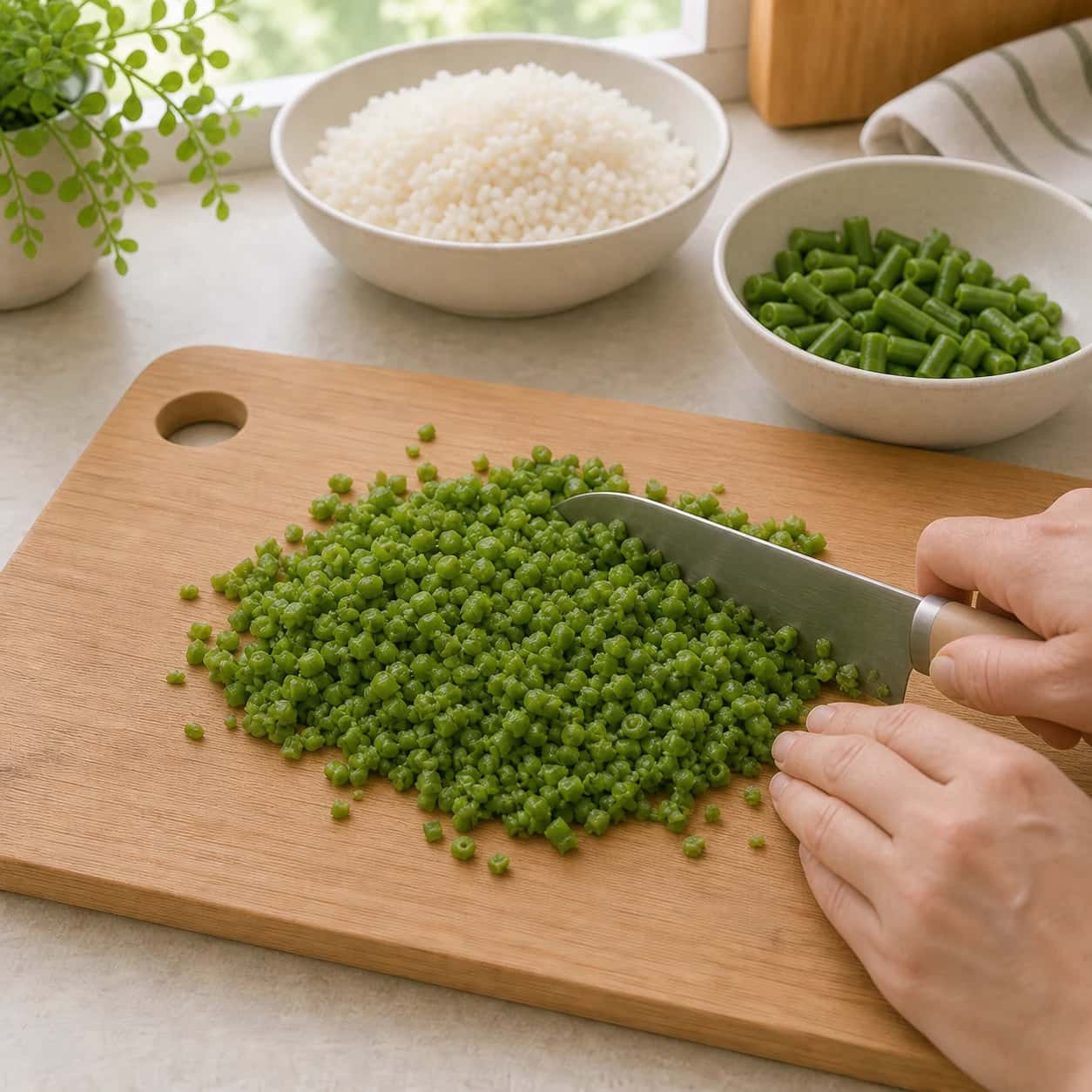 Step 3: Chop the cooked green beans into very small pieces so they mix evenly through the rice.