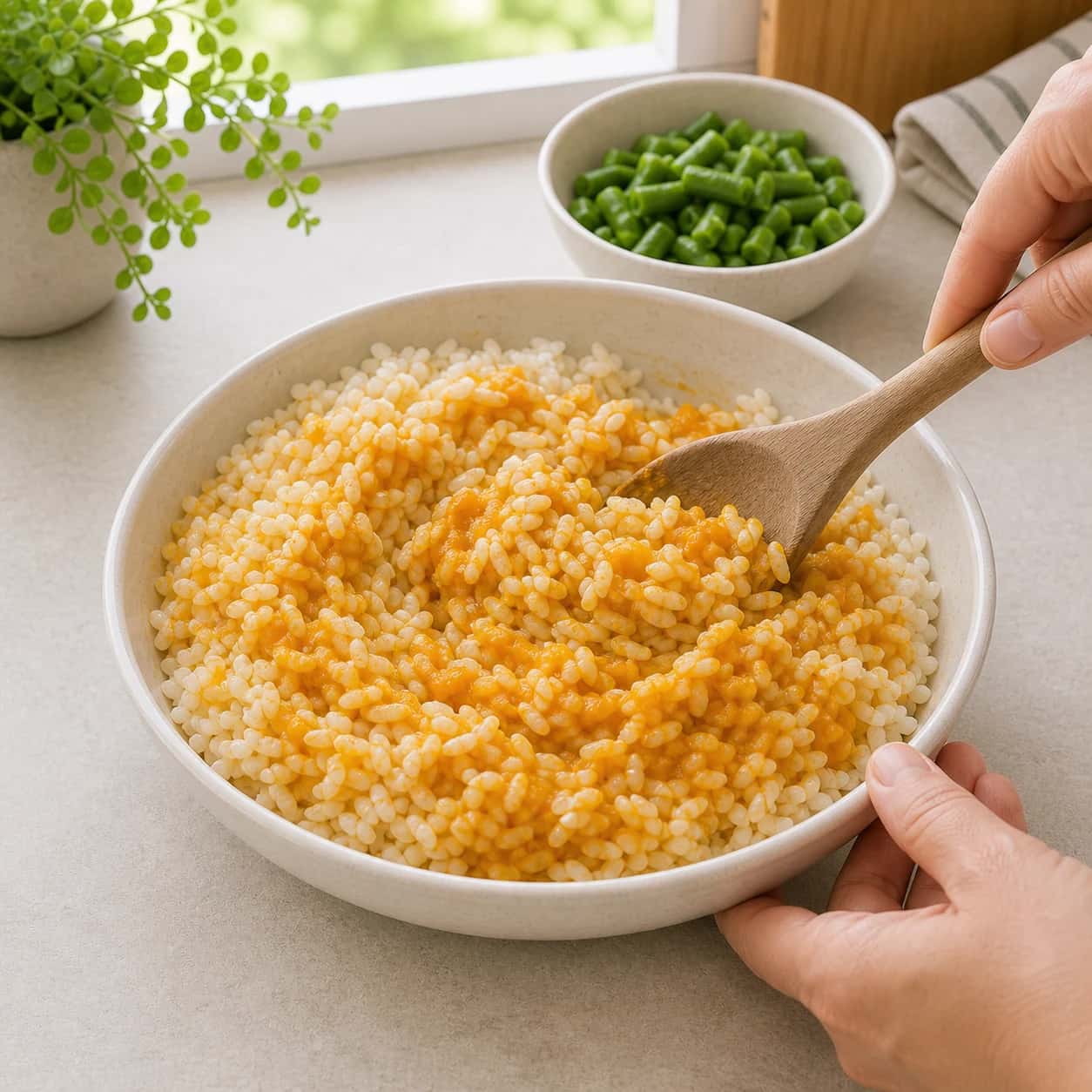 Step 4: Stir the pumpkin puree into the cooked rice until the rice is lightly coated and soft.