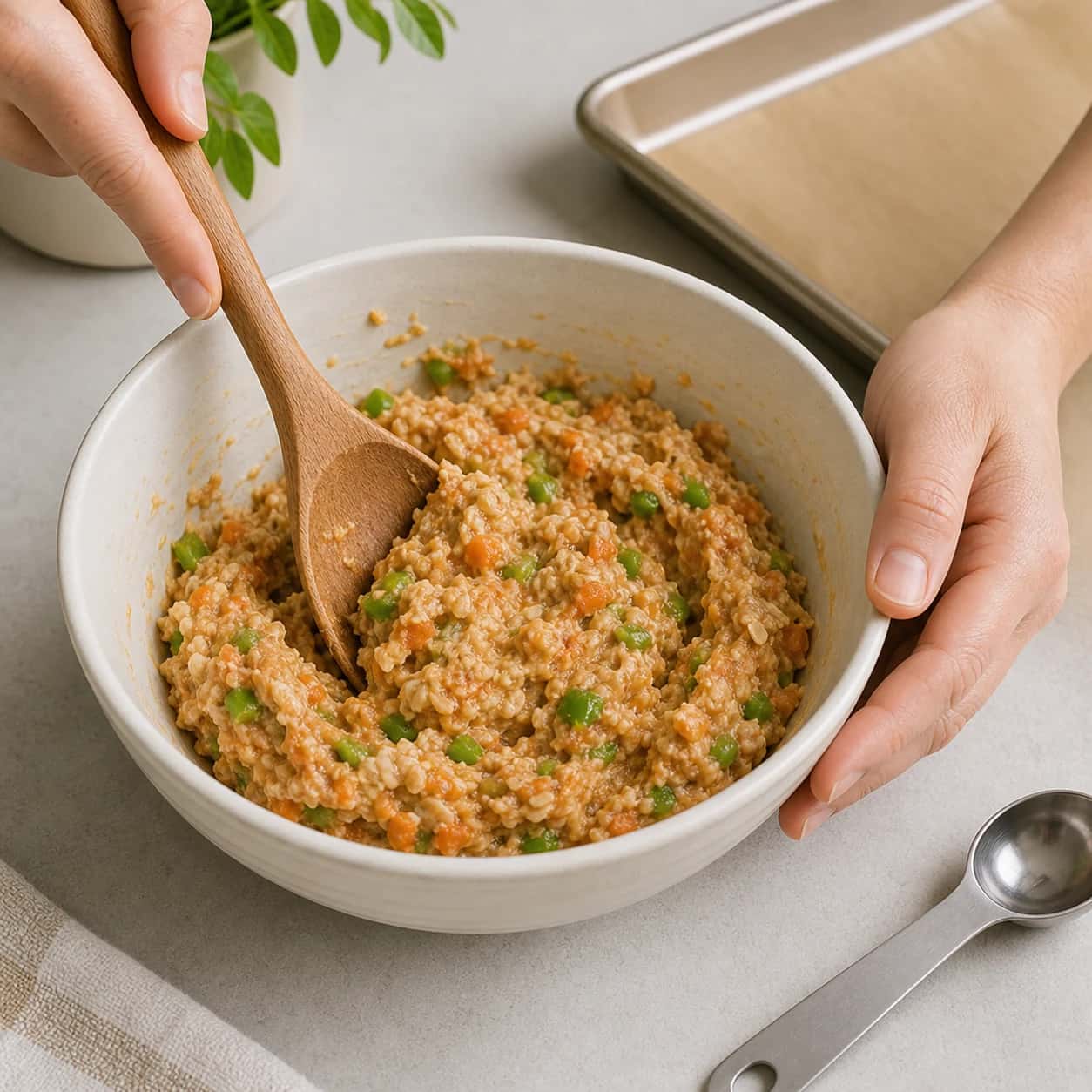 Step 2: Add the turkey, oats, mashed carrot, chopped green beans, and beaten egg to the bowl. Stir until the mixture holds together.
