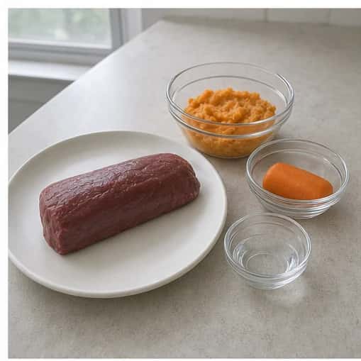 Step 1: Choose the dog-size column and weigh every ingredient. Use commercially inspected boneless venison, trim all visible fat and silverskin, and keep it refrigerated until cooking.
