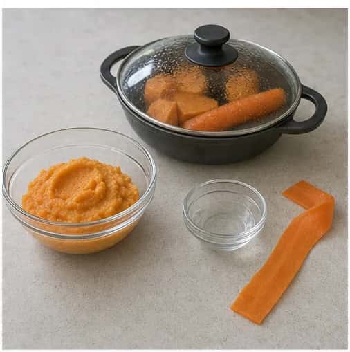 Step 2: Steam the sweet potato and carrot for 8 to 12 minutes until they mash easily. Mash the sweet potato with 1 teaspoon of measured water and shave or cut the carrot into one soft ribbon.