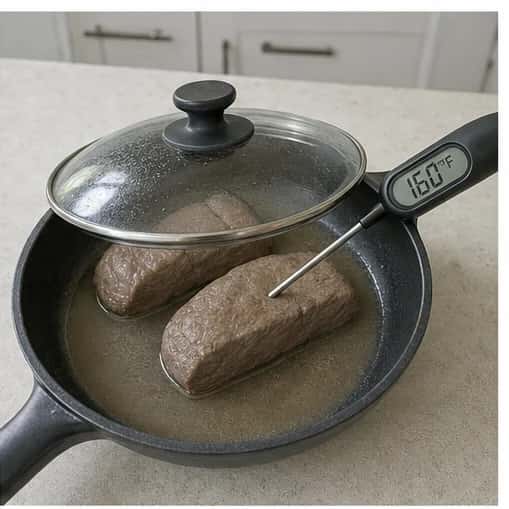 Step 3: Place the venison and remaining water in a small covered skillet. Cook over medium-low heat, turning several times, until the center reaches at least 160 degrees F (71.1 degrees C) for a conservative fully cooked finish.