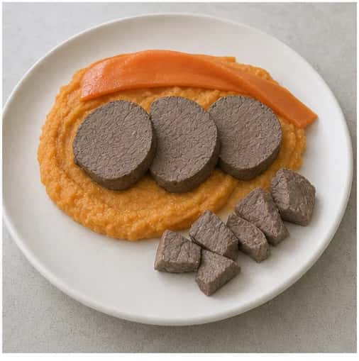 Step 5: Arrange the medallions over the sweet potato with the carrot ribbon. Cool completely, then cut the meat into smaller bite-size pieces before serving.
